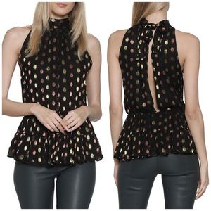 NWT Walter Baker Mary Black Metallic-Dot Peplum Sleeveless Top Medium
